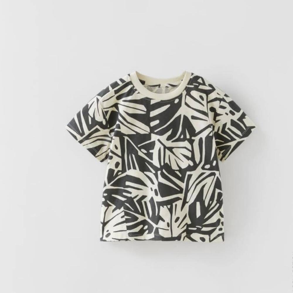 Zara Black & White Palm Leaf Short Sleeve Shirt Top Size 18-24 Months 100%Cotton